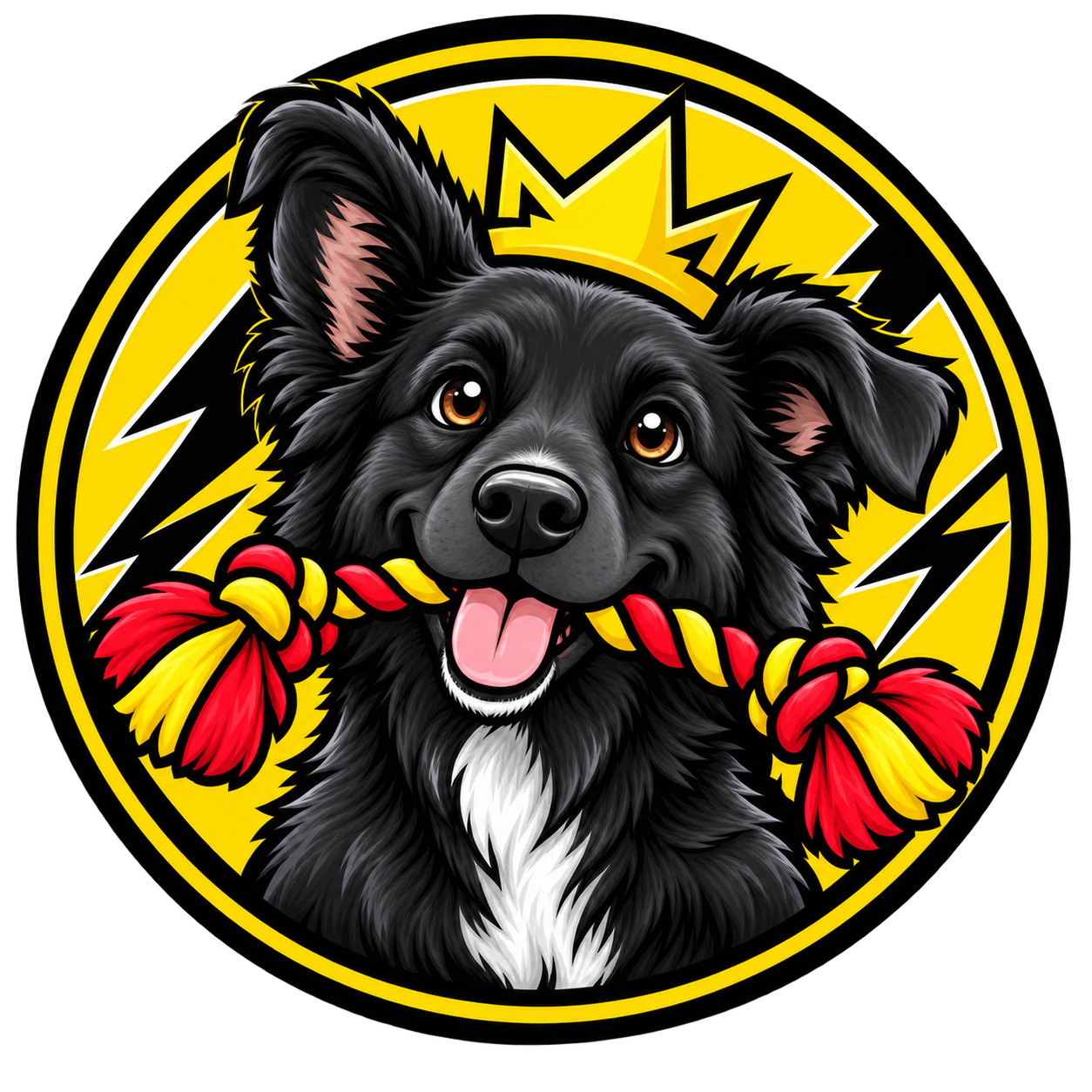 Illustrated black dog Zeus holding a red and yellow rope toy